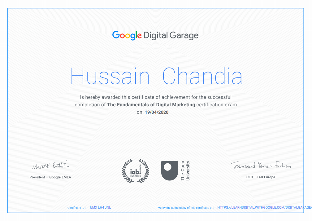 Fundamentals of Digital Marketing certificate issued by Google Digital Garage