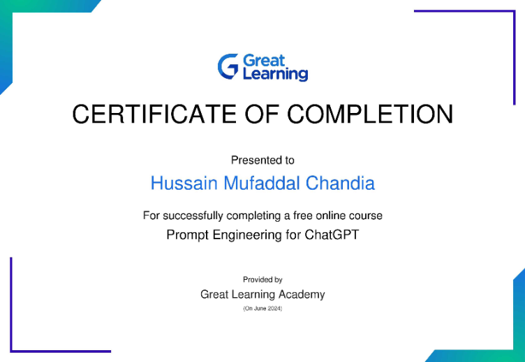 Prompt Engineering for ChatGPT certificate issued by Great Learning