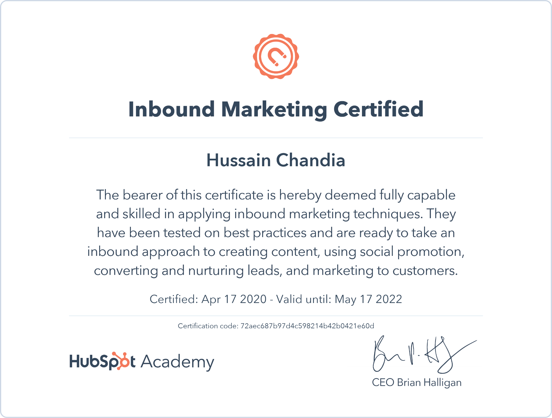 Inbound Marketing certificate issued by HubSpot Academy