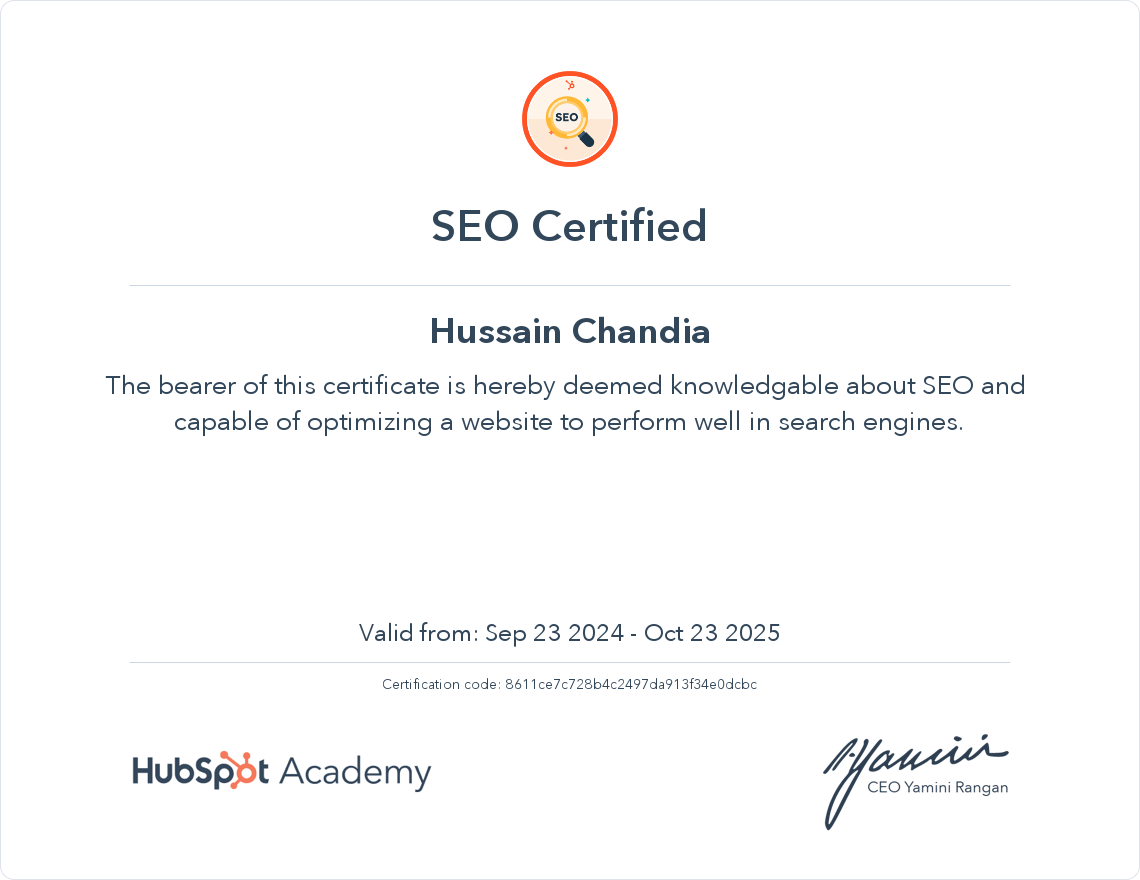 SEO Certified certificate issued by HubSpot Academy