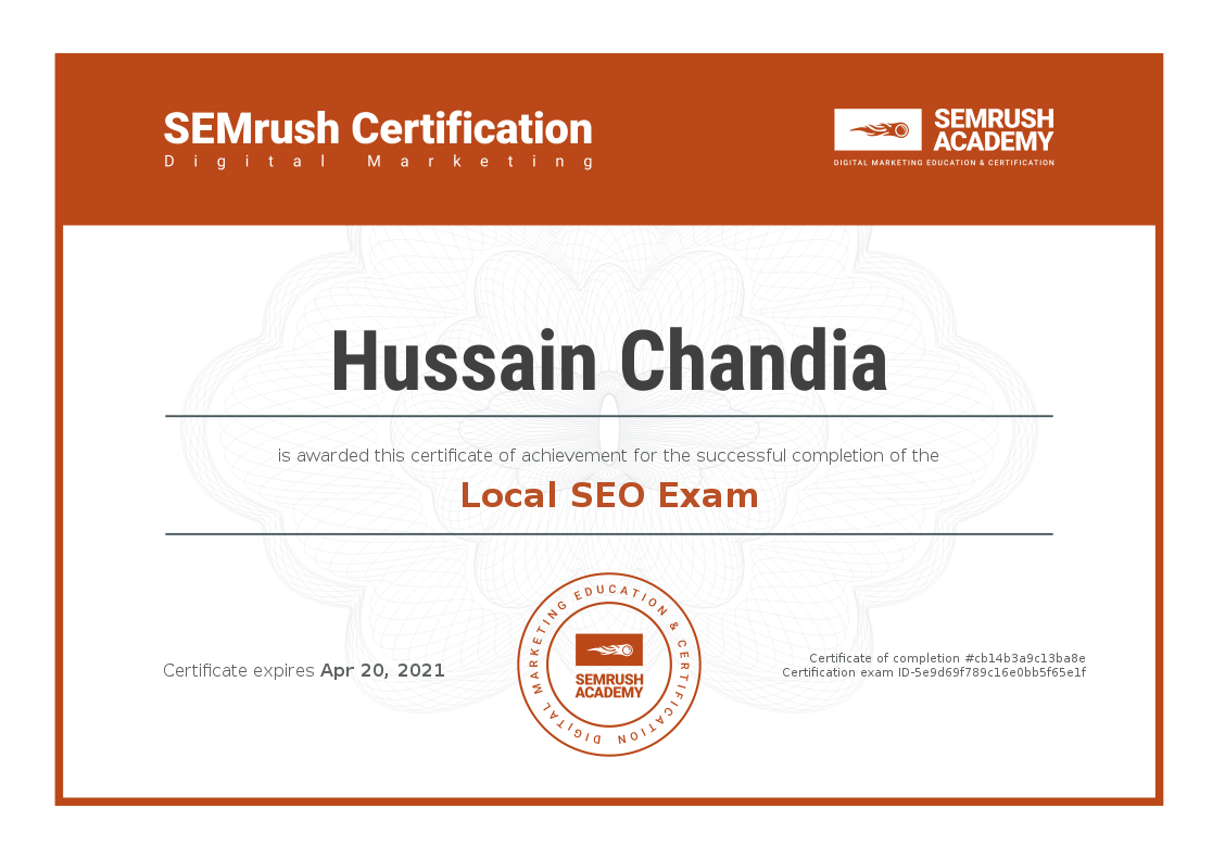 Local SEO Exam certificate issued by SEMrush Academy