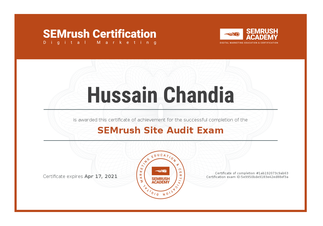 Site Audit Exam certificate issued by SEMrush Academy